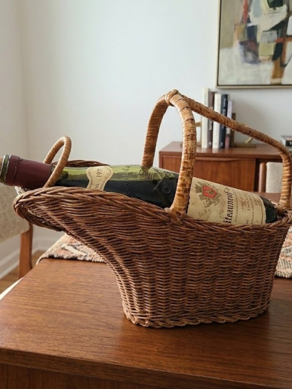 Vintage Wicker Wine Bottle Cradle Basket Handwoven Rattan French Country Pourer